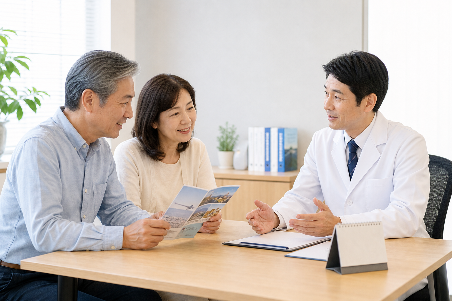 旅行前に夫婦で予定を確認しながら医師に相談している様子