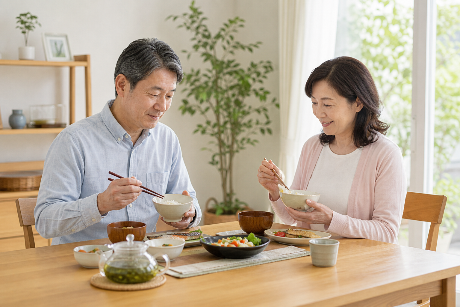 食卓で落ち着いて食事している中高年夫婦
