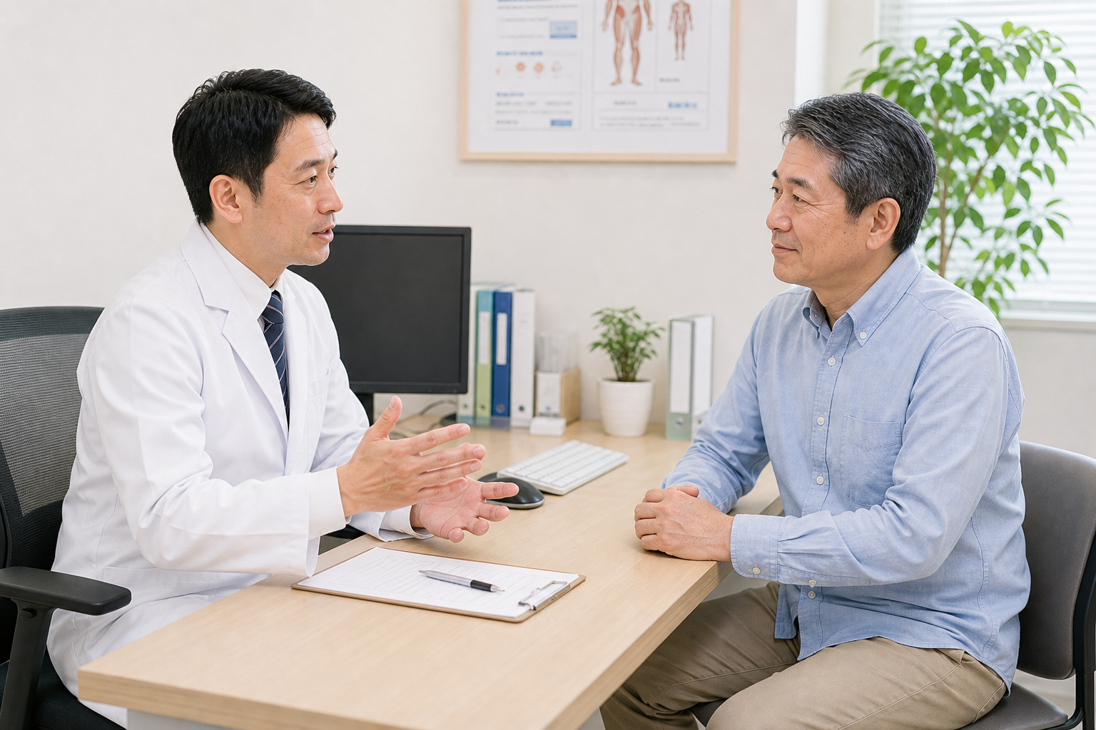 診察室で医師に落ち着いて相談している男性