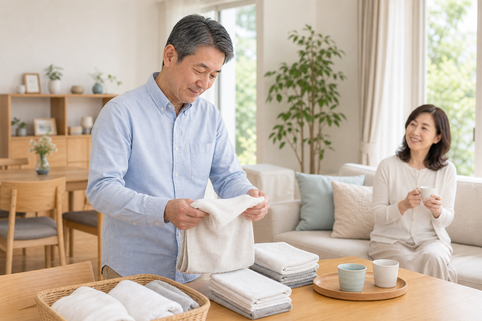 家事をしながら家族と穏やかに過ごす中高年男性