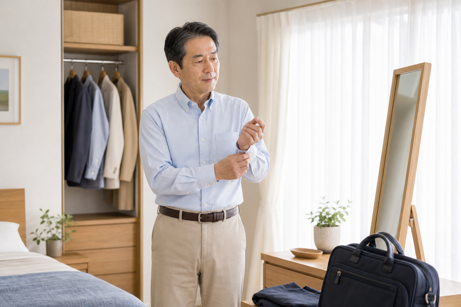 外出前に自然に身支度をしている中高年男性