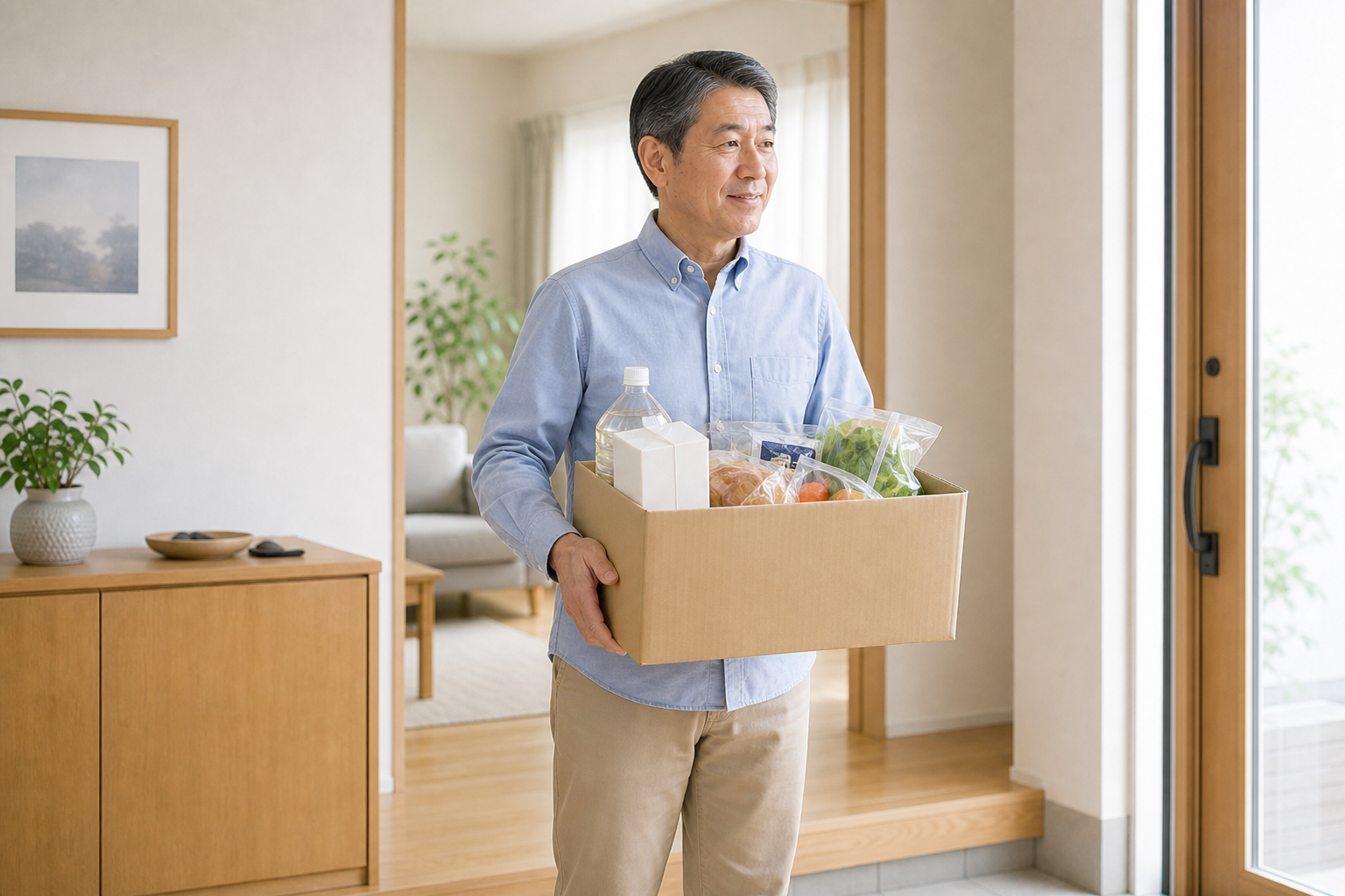 重そうな荷物を無理なく持つ中高年男性